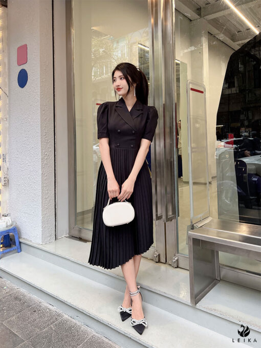 Đầm cổ vest dập ly lệch tà