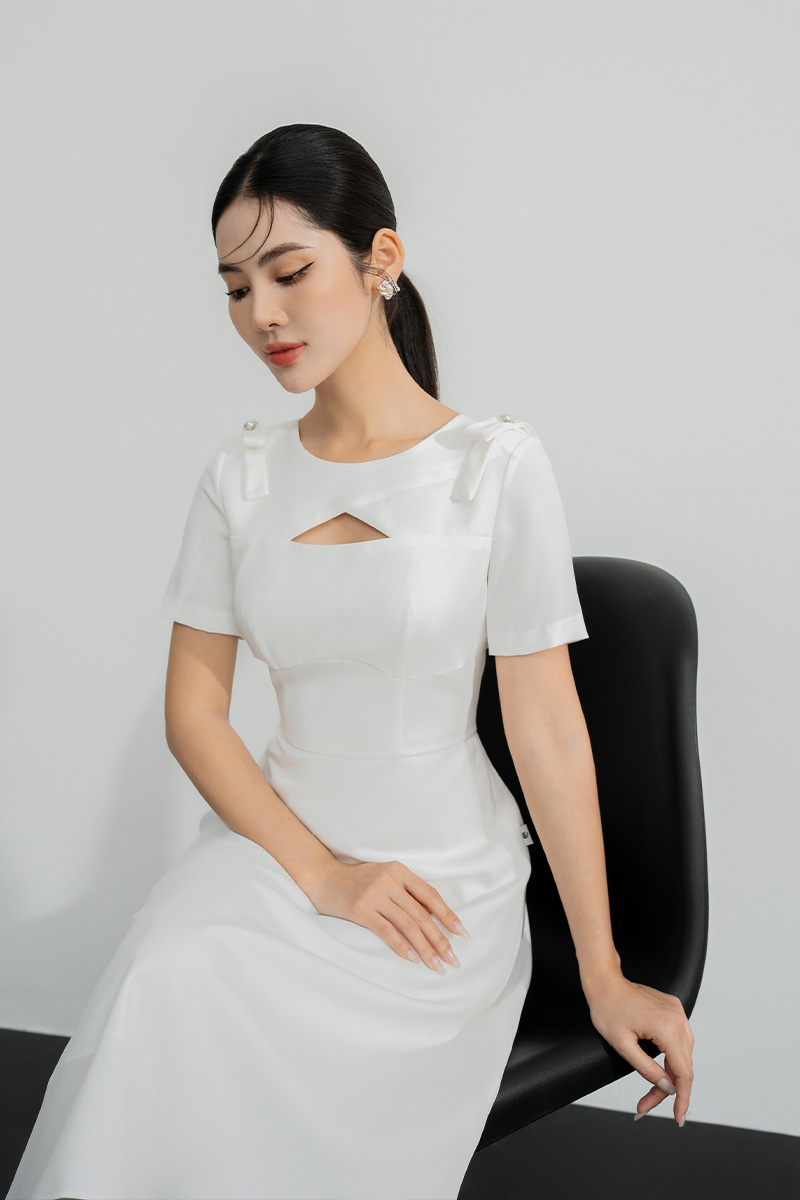 Đầm xòe đính nơ 2 bên vai