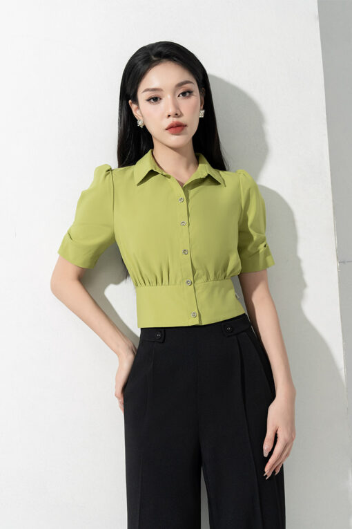 Áo nano croptop cổ đức tay dúm