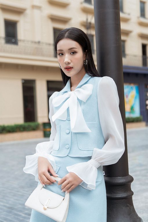 Áo croptop buộc nơ vải phối tơ