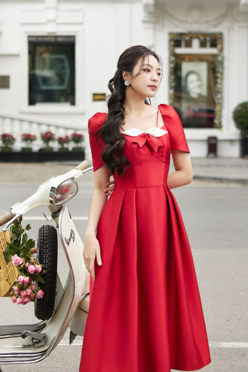 Đầm party tay bồng cài nơ phối