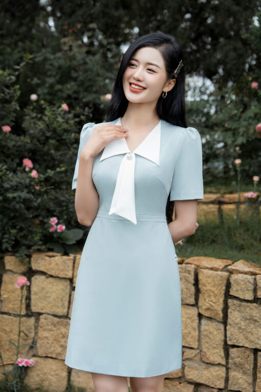 Đầm A cổ bẻ V phối màu