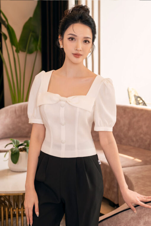 Áo kiểu CT croptop cổ vuông đính nơ