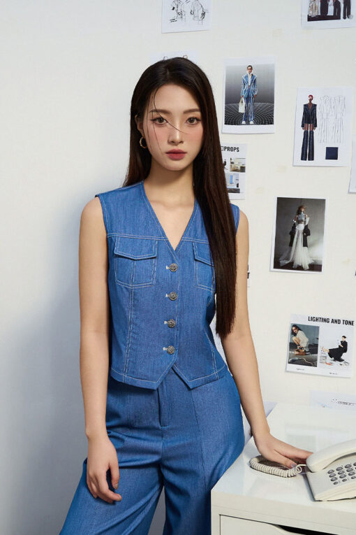 Áo gile suông cổ V diễu chỉ khác màu