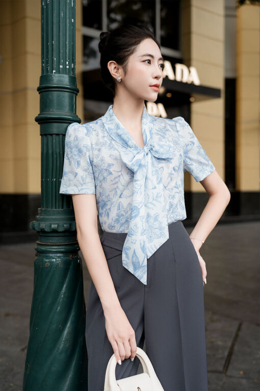 Sơ mi CT hoạ tiết cổ thắt nơ