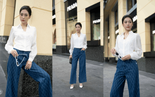 Quần jeans suông vải kẻ thoi