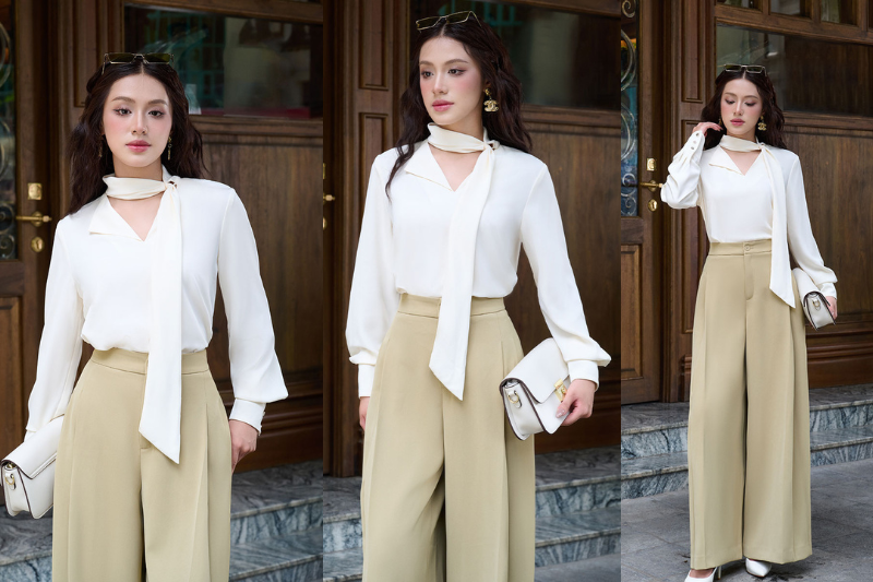 Sơ mi DT cổ tim vạt lệch 