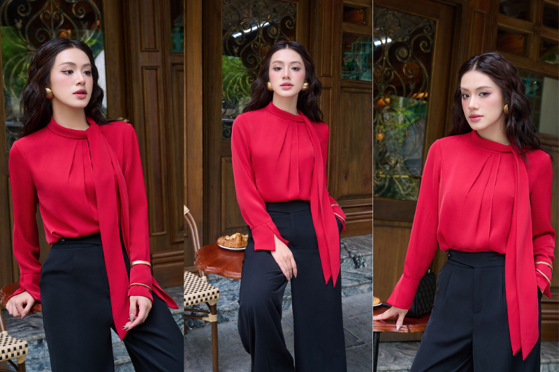 Sơ mi DT nơ cổ lệch măng sét loe