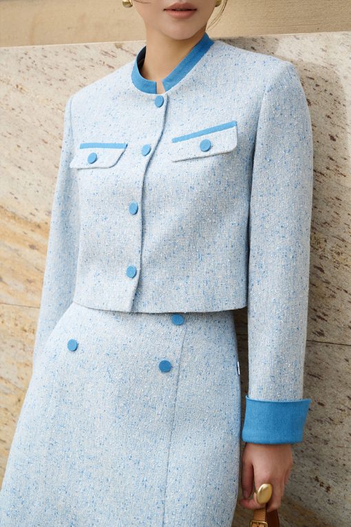 Áo khoác tweed croptop phối cổ tàu