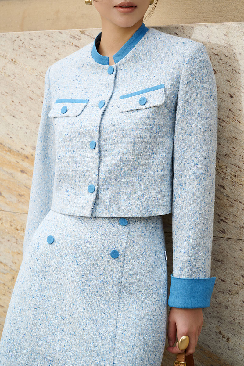 Áo khoác tweed croptop phối cổ tàu