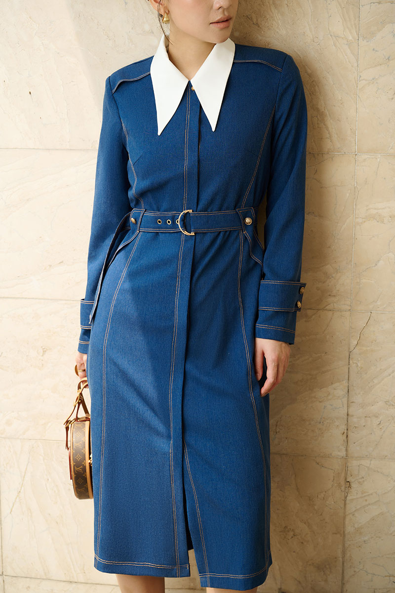 Đầm ôm chần chỉ cổ phối kèm đai