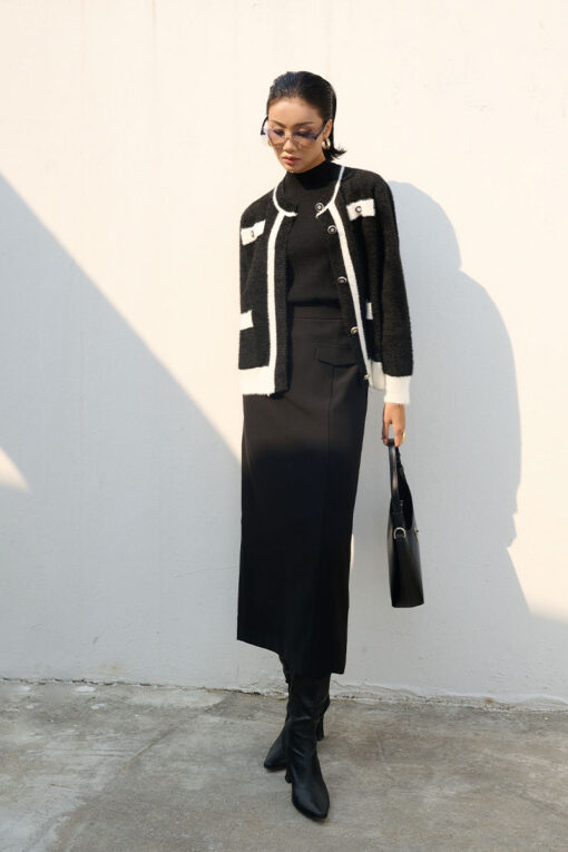 Chân váy suông dài can TT đính nắp túi