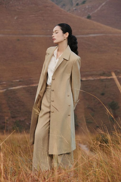 Áo măng tô dáng dài cúc đính sườn kèm đai