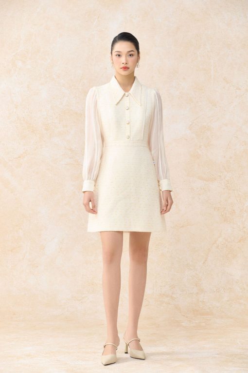 Đầm A tweed tay phối tơ kẹp lé