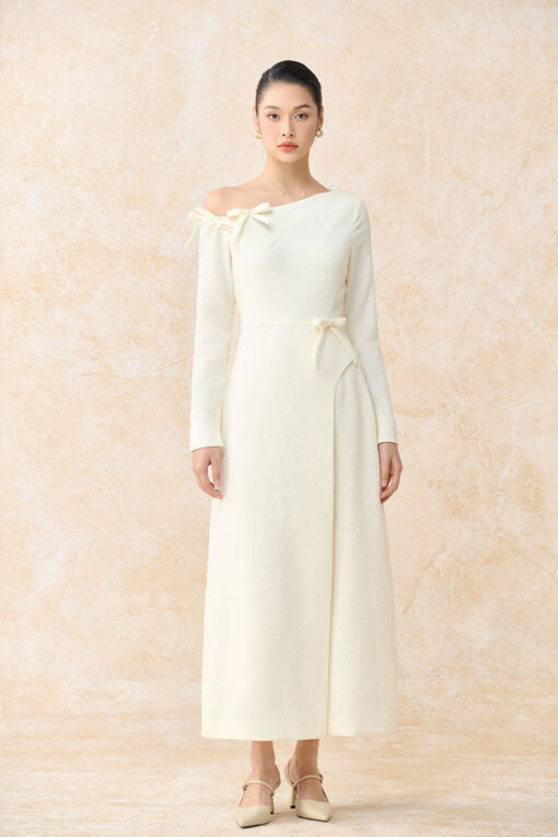 Đầm party lệch vai đính nơ ta bong TT