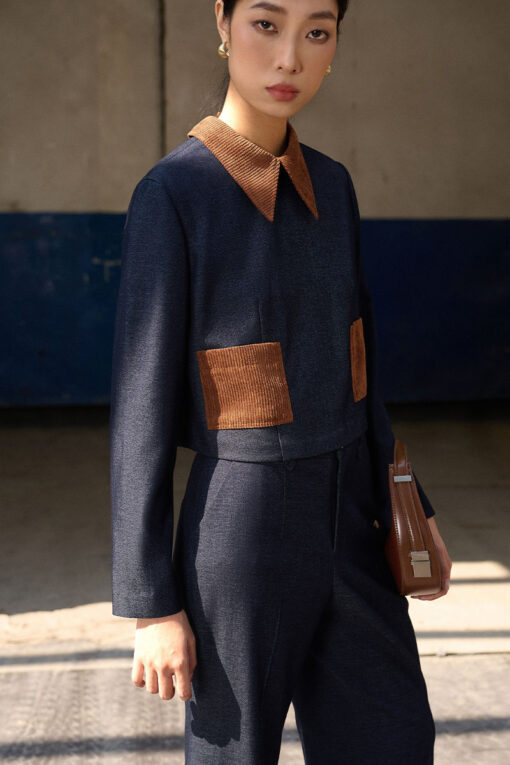 Sơ mi croptop cổ túi phối nhung