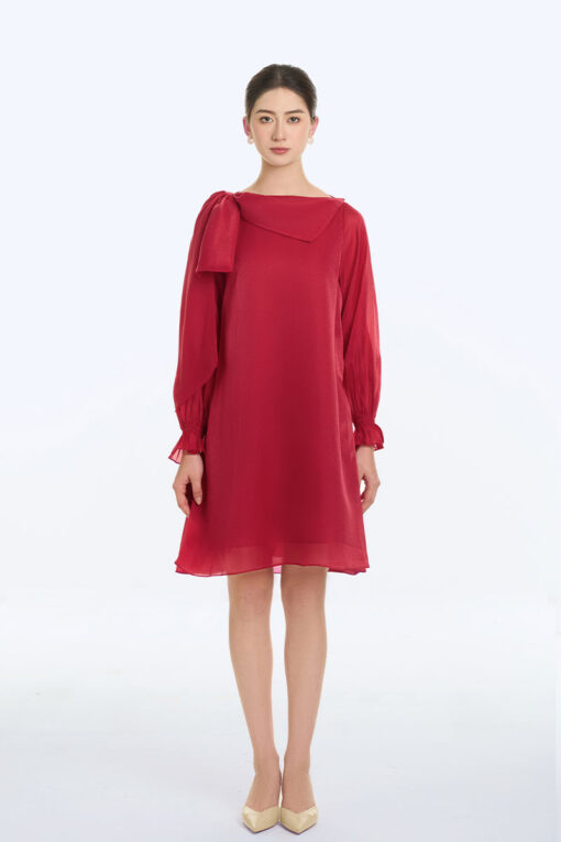 Đầm suông cổ lệch nơ vai