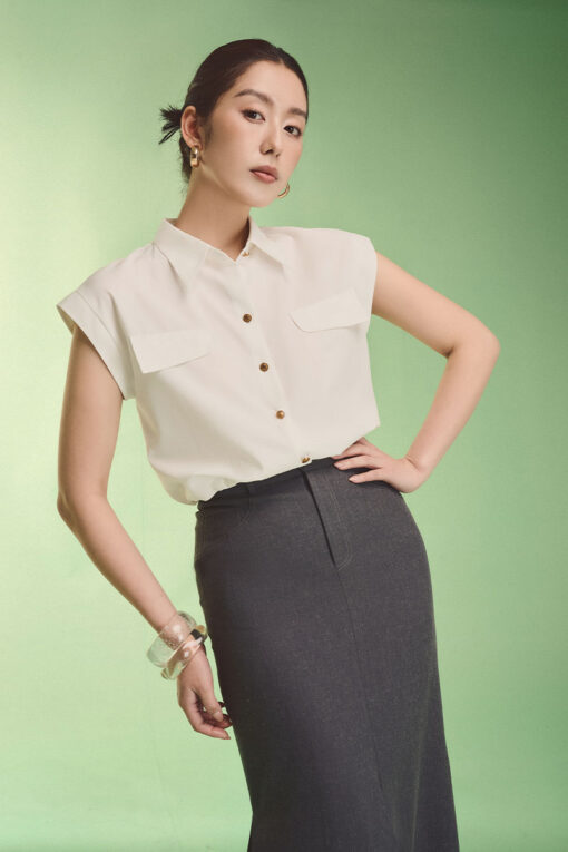 Sơ mi CT gấu chun nắp túi ngực