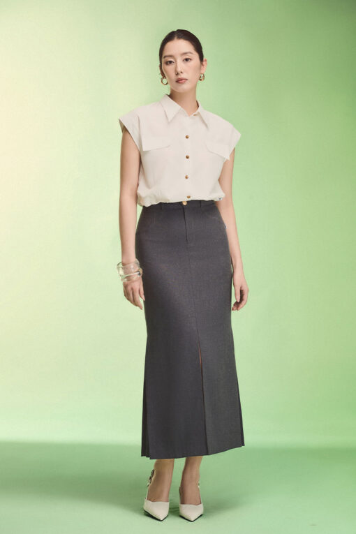 Chân váy đuôi cá dài xẻ trước túi diễu chỉ