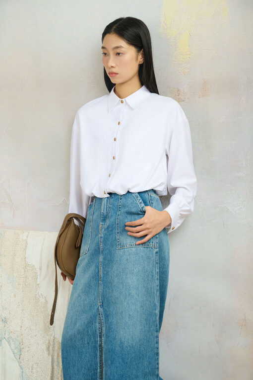 Sơ mi DT croptop gấu quả bí