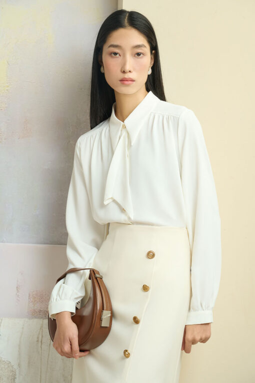 Sơ mi DT vai can nhúm cổ tạo nơ