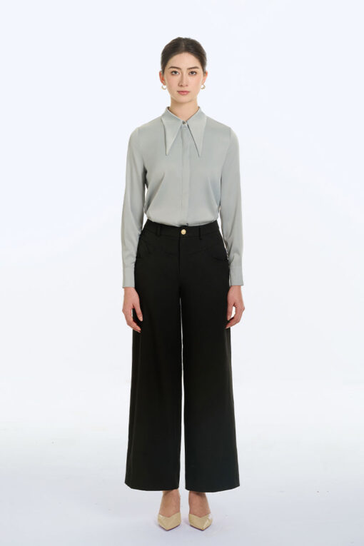 Sơ mi dài tay lá cổ nhọn nẹp giấu khuy