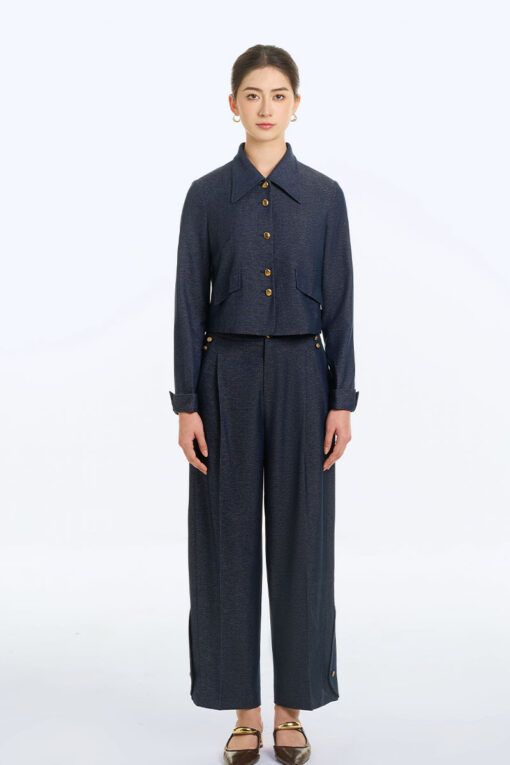 Quần baggy giả bò ống rộng gấu đính cúc