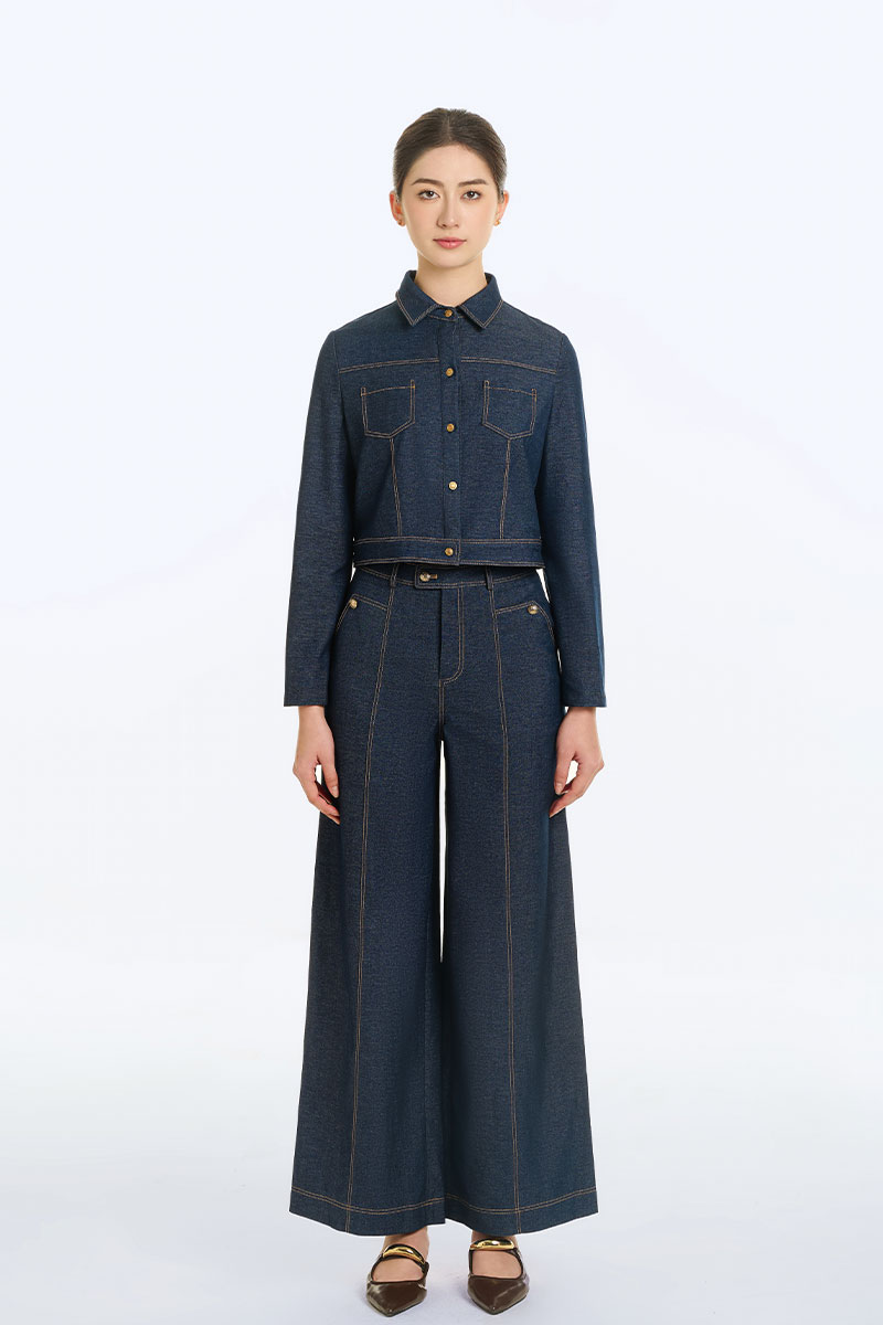 Quần suông giả bò chần chỉ túi đính cúc