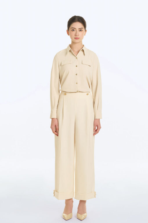 Quần suông cạp liền gấu lơ vê đính cúc