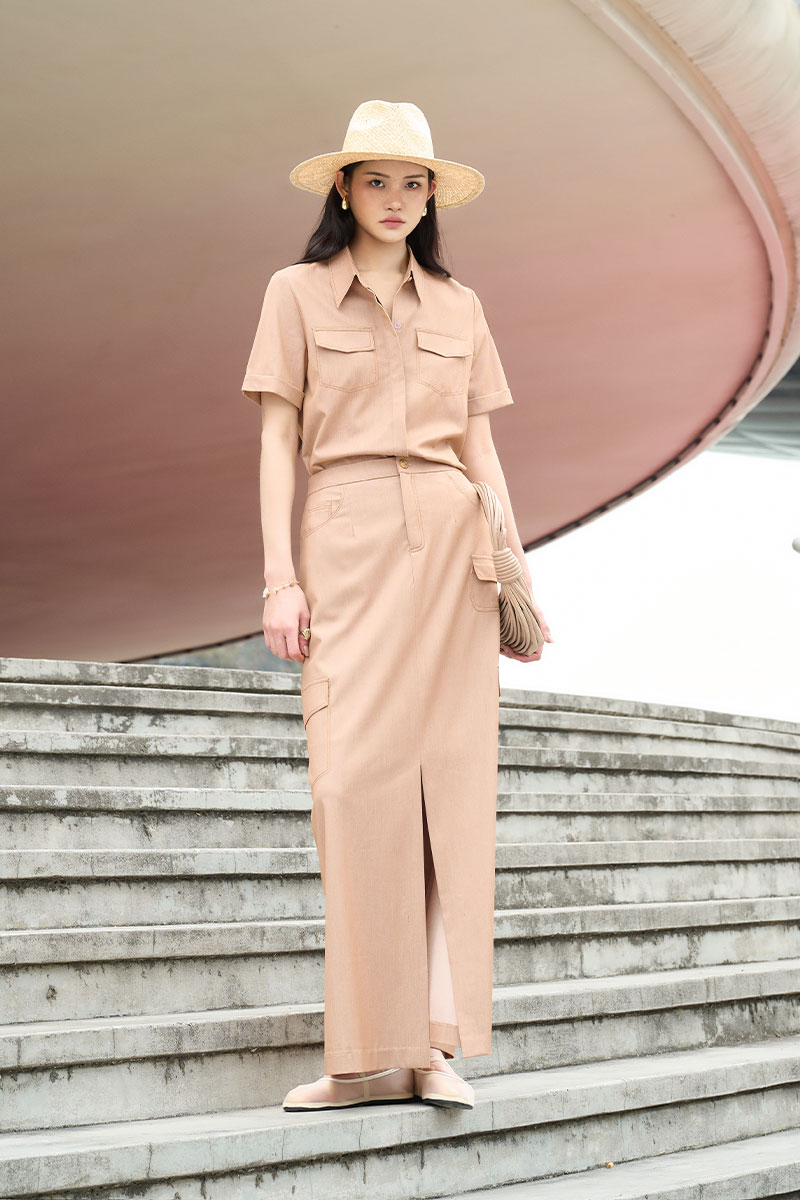 Chân váy dài chần chỉ giả túi ốp