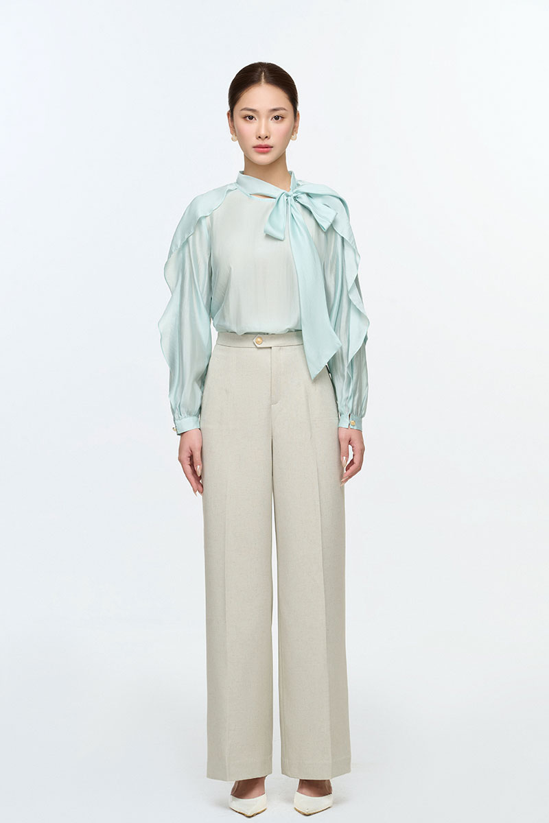 Sơ mi DT bèo xẻ cửa tay cổ buộc nơ