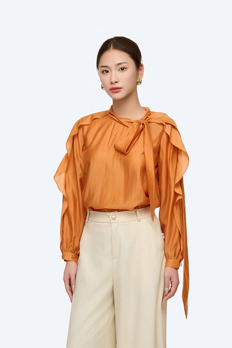 Sơ mi DT bèo xẻ cửa tay cổ buộc nơ