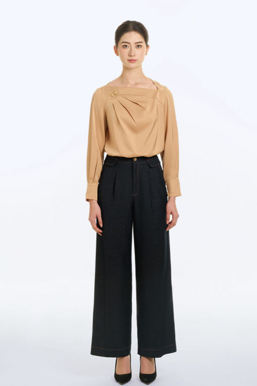 Sơ mi DT lệch vai ngực xếp ly đính cúc