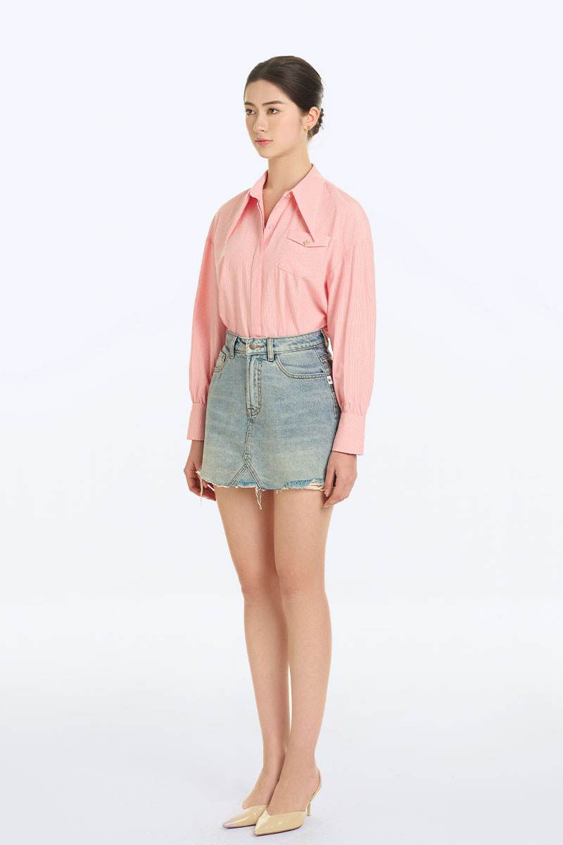 Sơ mi kẻ DT khuy dấu nẹp túi ốp ngực 1 bên