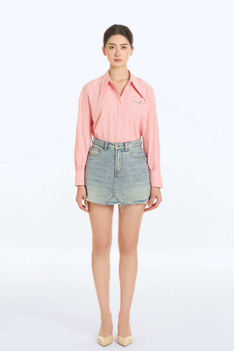 Chân váy jean A moi cong gấu rách