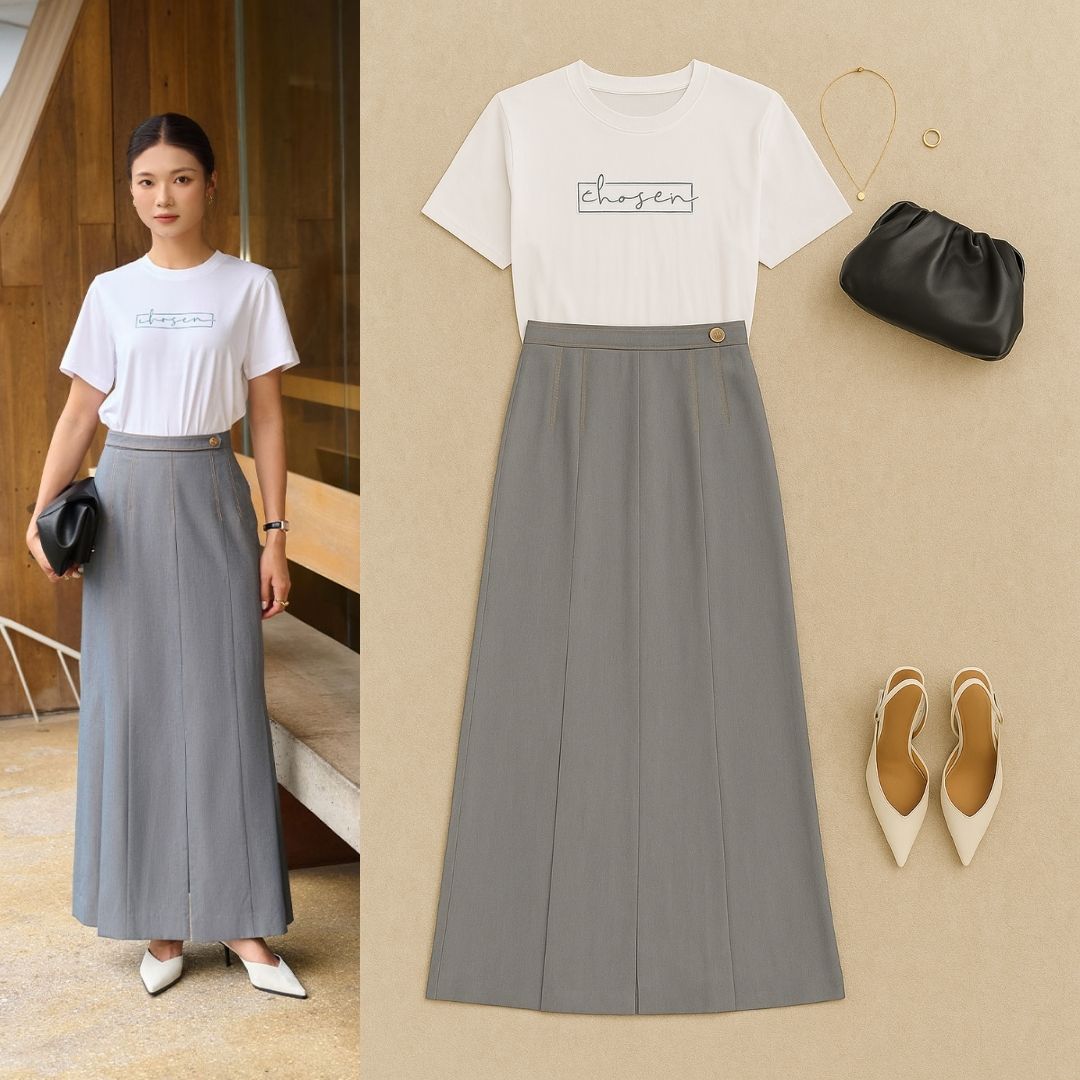 chân váy dài xếp ly