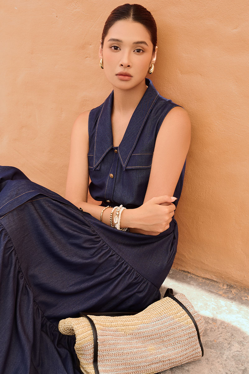 Đầm maxi cổ nằm nhúm bèo