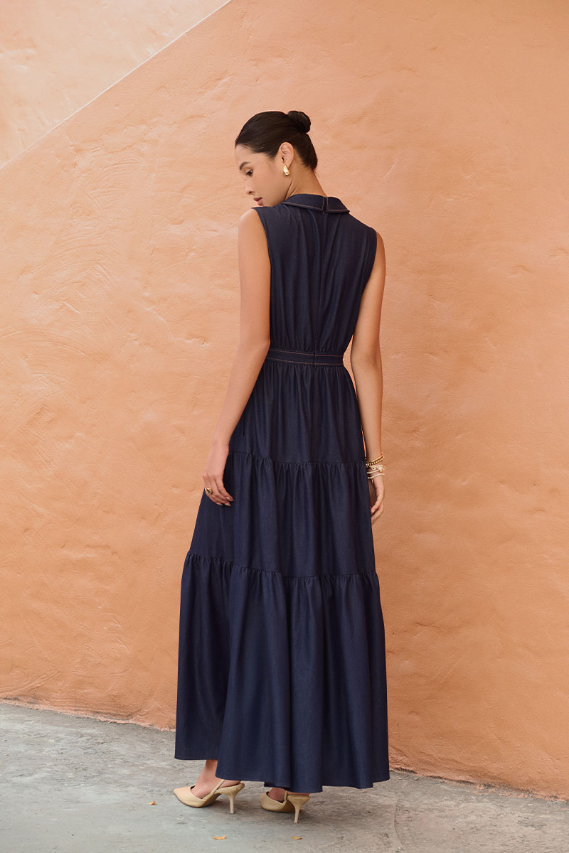 Đầm maxi cổ nằm nhúm bèo