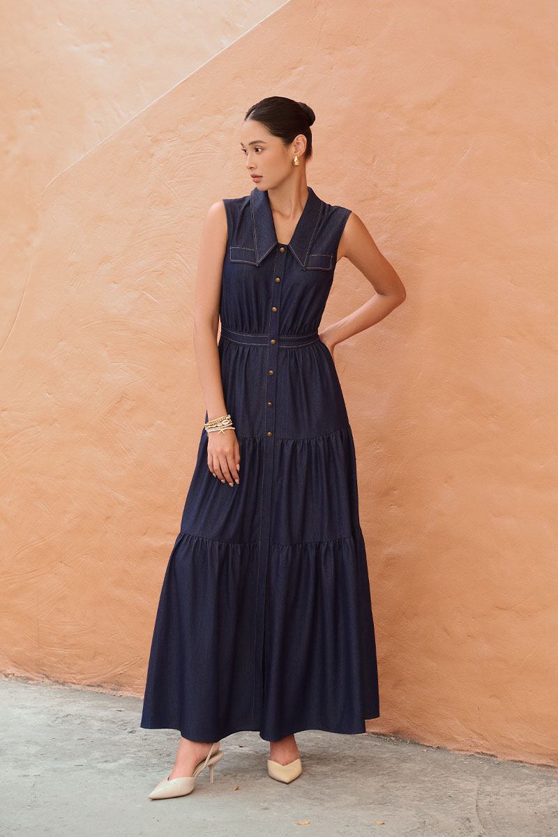 Đầm maxi cổ nằm nhúm bèo