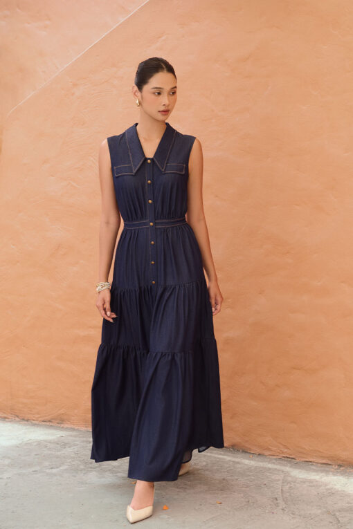 Đầm maxi cổ nằm nhúm bèo