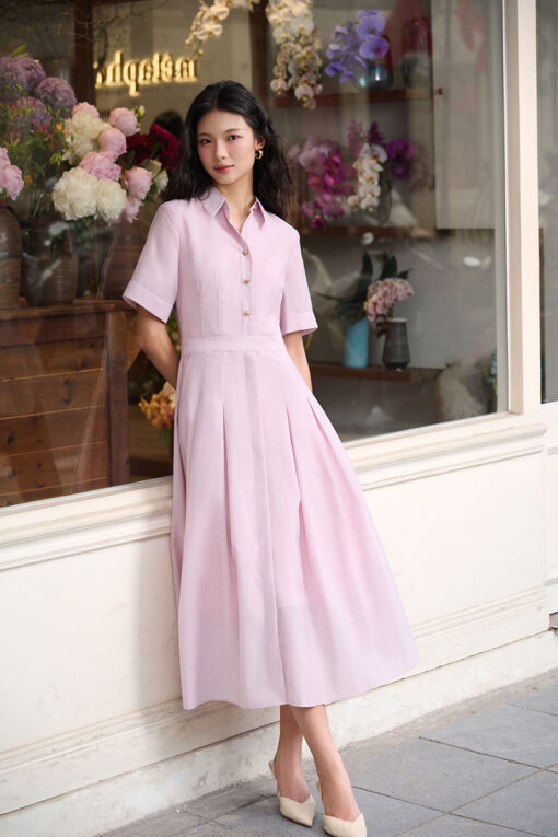 Đầm sơ mi diễu ly nẹp giả