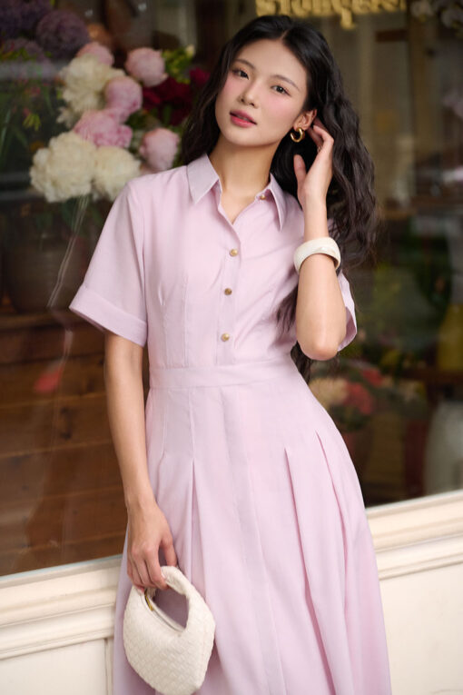 Đầm sơ mi diễu ly nẹp giả