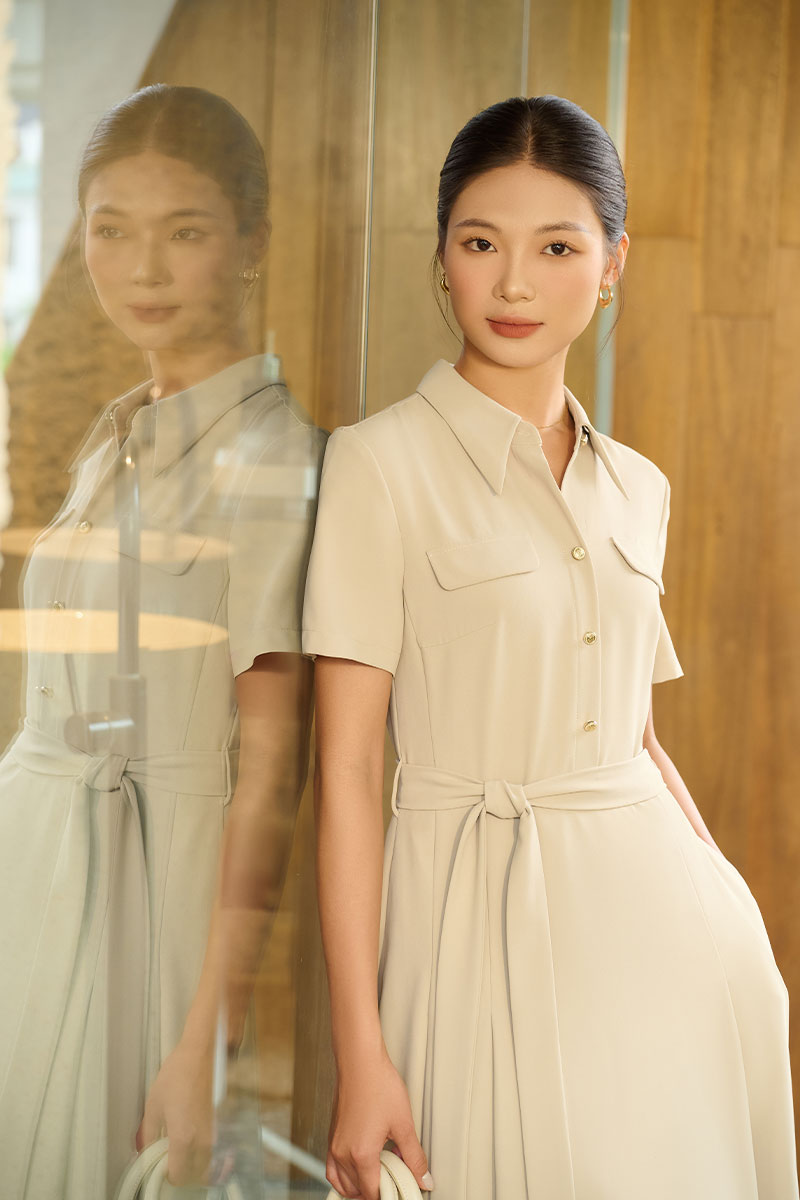 Đầm xoè cổ đức nắp túi ngực eo buộc đai