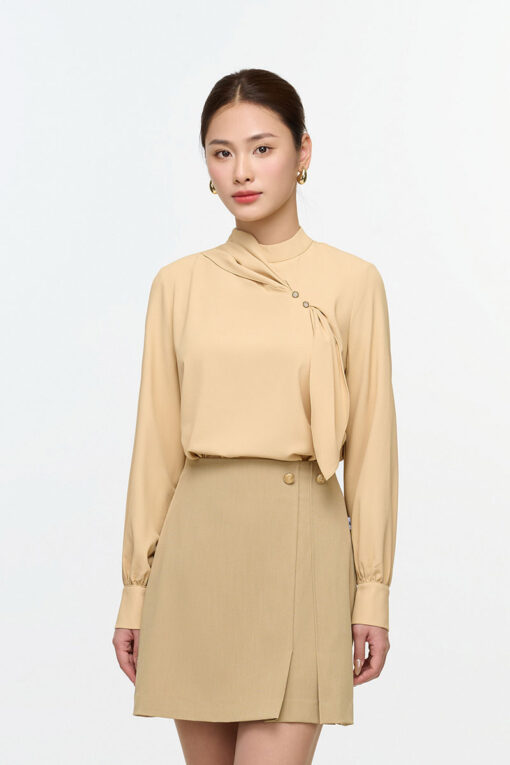 Sơ mi DT cổ tàu luồn nơ ngực đính cúc