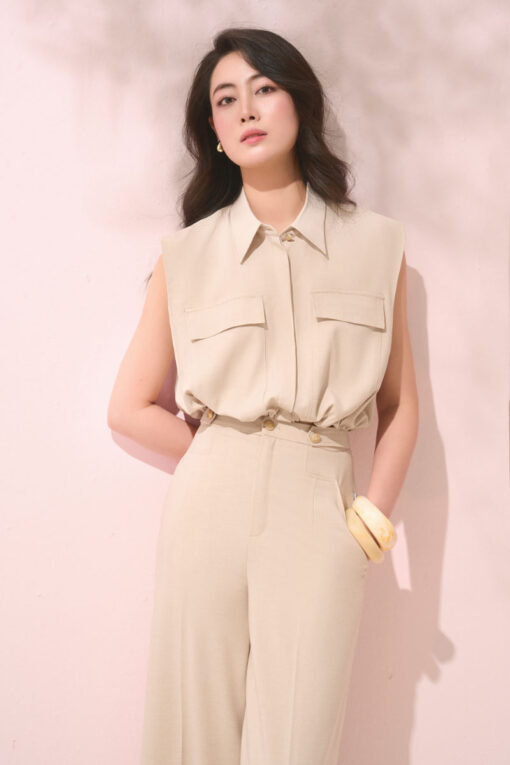 Sơ mi SN croptop nắp túi ngực chun gấu