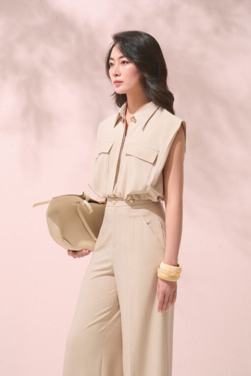 Sơ mi SN croptop nắp túi ngực chun gấu