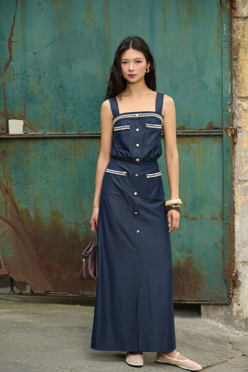 Chân váy dài giả bò miệng túi đè dây