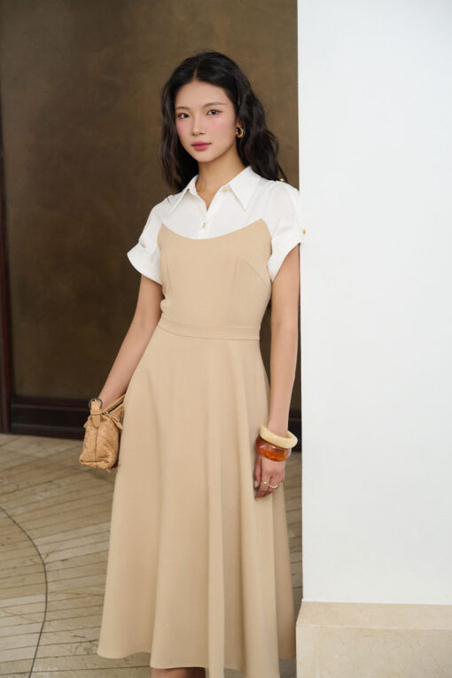 Đầm xoè phối tay liền cá vai đính cúc