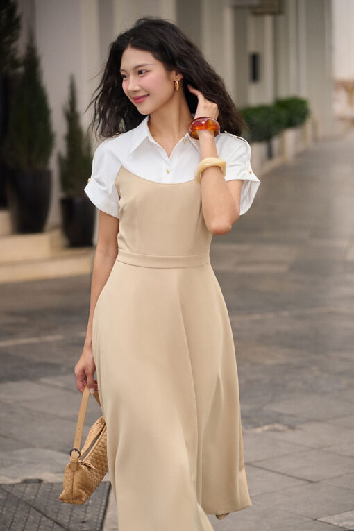 Đầm xoè phối tay liền cá vai đính cúc