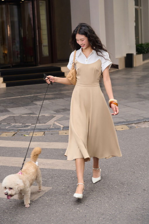 Đầm xoè phối tay liền cá vai đính cúc